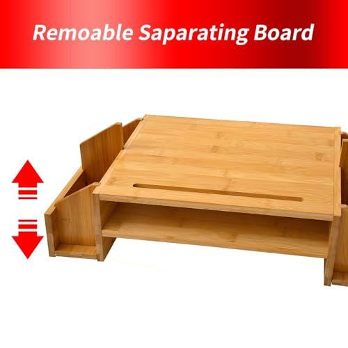 Image of Wooden Monitor Stand Riser with Storage Compartment and Lockable Storage Drawer Stand | Adjustable Desktop Organizer for Computer, Flax, Laptop & Printer (Wooden Monitor Stand)