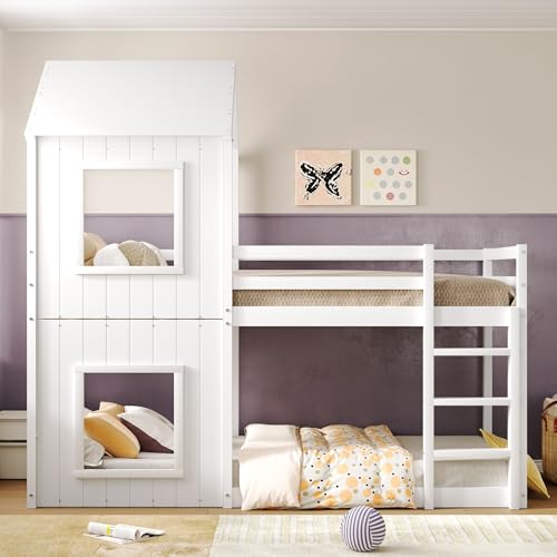 Kinderbett 90x200 Etagenbett für 2 Kinder, Hausbett Hochbett mit Leiter und Baldachin, Baumhausbett Stockbett Kinderhochbett Jugendhochbett mit Rausfallschutz und Lattenrost, Ohne Matratze, Weiß
