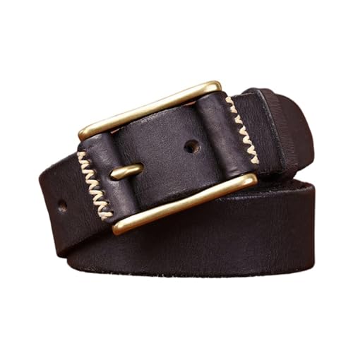 AGUTALITHIC Full Grain Leather Jean Belt,5mm Thick Handmade Vintage Distressed Texture Stitch Belt with Leather Roller Buckle(110cm/43, Black)