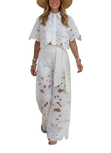 TIAFORD Womens Eyelet Floral Embroidery 2 Piece Set Cropped Top