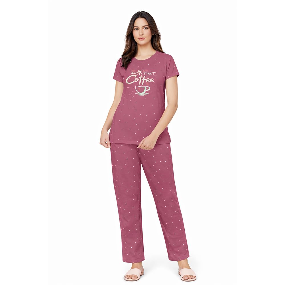 comfort lady Women’s Cotton Night Suit | Round Neck Printed T-Shirt with Pyjama | Relaxed Fit Sleepwear & Loungewear - NSTP2003-picture-44