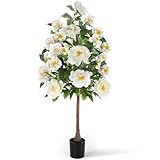 Thiccywoov 1 Pack 48'' Artificial Peony Tree, 4FT Faux Plant in Pot with Peonies Flowers, Realistic Artificial Flowers Tree for Indoor Outdoor Office Home Porch Wedding Decor (White)