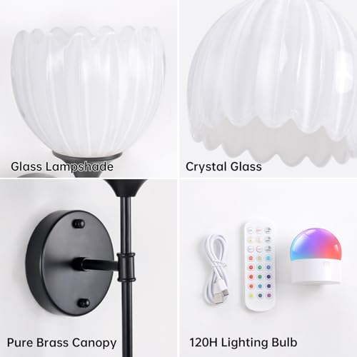 Image of Shenmoyl Battery Operated Wall Sconce Set of 2, White Tulip Vintage Wall Light Fixture Rechargeable 5000mAh Battery Powered Wall Lamp with Remote for Living Room Bathroom, Black