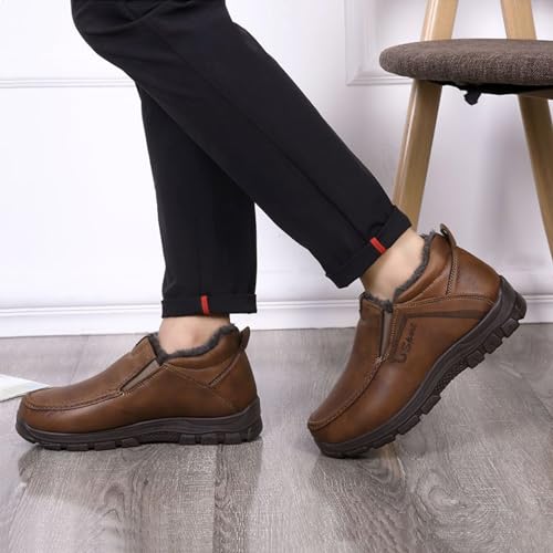 Image of Lossarye Men's Slip-On Winter Snow Boots Warm Fur Lined Casual Non-Slip Outdoors Leather Booties Cozy Walking Loafers