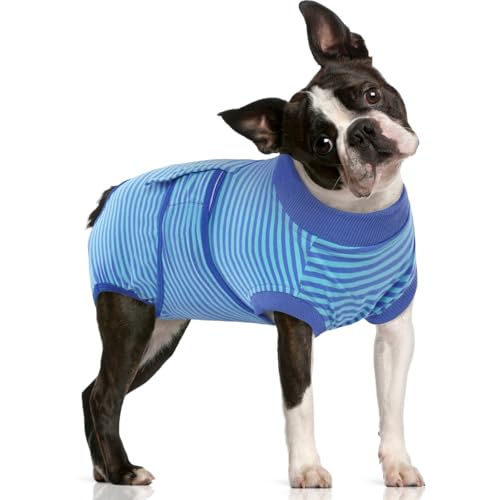 Image of FUAMEY Recovery Suit for Dogs After Surgery,Soft Breathable Dog Bodysuit E-Collar & Cone Alternative Surgical Suit,Male Female Dog Neuter Spay Suits Anti Licking Wounds Onesie Navy Blue Strips L