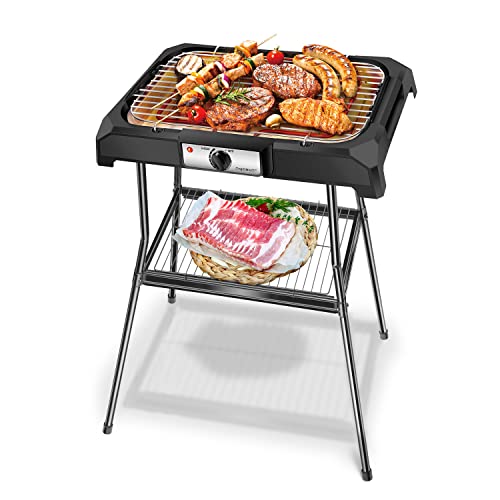 Aigostar Lava Pro 30RRD - Barbacoa eléctrica con patas, Grill, 2000W, bandeja recoge grasa extraíble, uso con agua: evita los humos, uso en exteriores e interiores, superficie antiadherente.