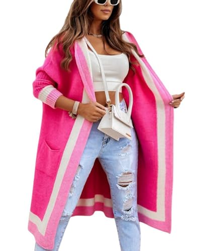 Image of CHARTOU Hooded Long Knit Cardigan for Women Blcoked Color Long Sweatshirt Jacket Sweater