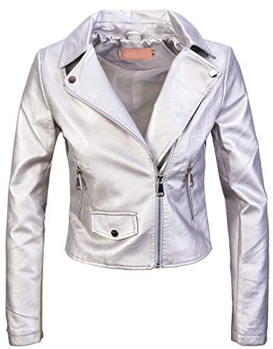 Preisvergleich Produktbild Rock Creek Designer Damen Kunstleder Jacke Bikerjacke Übergangsjacke mit Print Lederjacke Kunstlederjacken Frauen Sommerjacke Motorradjacke D-414 Silber S