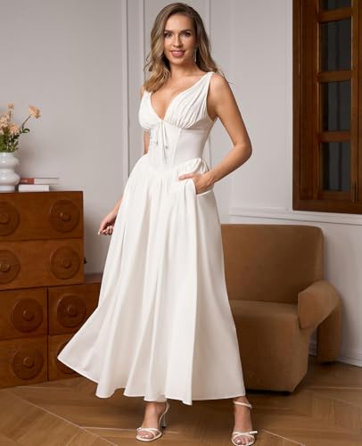 GLNEGE Women's Summer Corset Midi Milkmaid Dress Casual V Neck Flowy A Line Sundress Wedding Guest Dresses with Pockets 20254