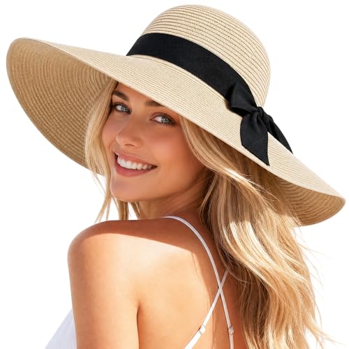 Image of Beach Hat for Women, Wide Brim Sun Straw Hats for Women, Sun Hat Womens UPF 50+ UV Protection, Floppy Foldable Summer Hats