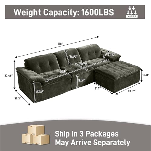 Image of 118 inch Oversized Modular Sectional Sofa, Large Modern Cloud Sectional Couch with Ottoman, Chenille 4 Seat Sofa Set, L-Shape Couch for Living Room, Apartments, No Assembly Required, Green