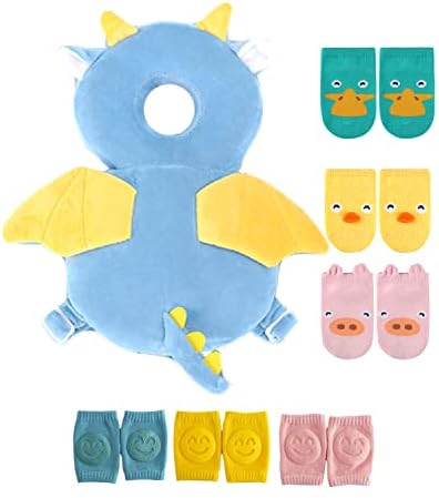 JunNeng Toddler Baby Head Protector Backpack for Toddler Walker with Knee Pads&Anti-Slip Socks, Dinosaur