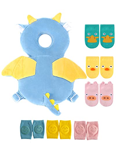 Image of JunNeng Toddler Baby Head Protector Backpack for Toddler Walker with Knee Pads&Anti-Slip Socks, Dinosaur