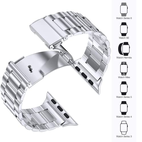 Image of Casecandy - Stainless Steel Metal Strap Band Compatible with Apple Watch Series 9 /8 /7 (45mm) | Series 6 /5 /4 /SE (44mm) | Ultra 49mm | Series 3 /2 /1 (42mm) - Apple Watch Metal Band (Silver)