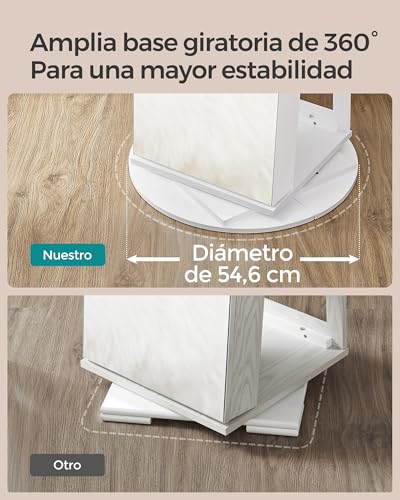 SONGMICS Espejo Joyero con 6 LEDs, Armario de Joyas de Giro de 360°, Organizador de Joyas Giratorio, sin Marco, Espejo Completo con Almacenaje, Superficie Blanco y Forro Negro JJC007W01 - imagen 7