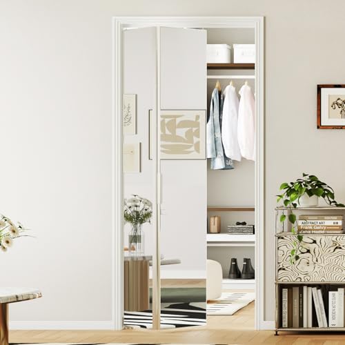 Image of Bifold Door for 36 inchx80 inch Opening, Preassembled Aluminum Alloy Mirrored Folding Door with Hardware Kit Included, Interior Bi fold Barn Door for Bedroom & Closet, Silver