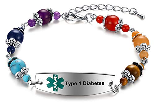 JF.JEWELRY Type 1 Diabetes/Type 2 Diabetes/Epilepsy/Blood Thinner Medical Alert ID Bracelet for Women with Natural Quartz Beaded Charms Stainless Steel Tag Bracelets