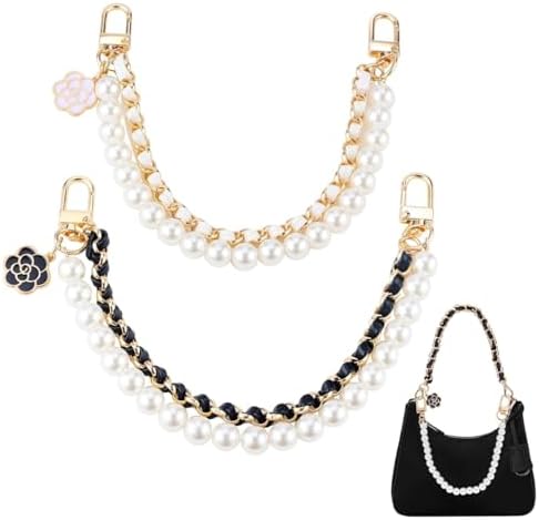 PALAY® 2Pcs Bag Straps for Sling Bag Pearl Flower Bag Charms Accessories Bag Extender Chain Purse Shoulder Strap for Bag Replacement Double Layered Bag Chain Straps for Handbags, Purse, Phone Case