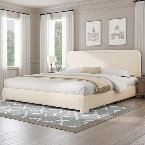 Boucle Upholstered Bed Frame King Size/Soft Rounded Corners Headboard/Low Profile Bed Frame/No Box Spring Needed/Cream