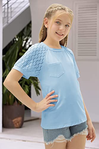 Image of Girls Summer Short Sleeve Shirts Lace Casual Cute Crew Neck Solid Color Blouses Tops Sizes 6-15 Years