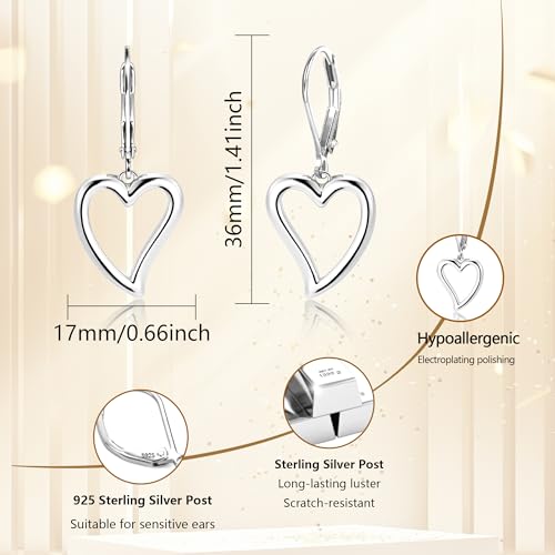 Sterling Silver Heart Earrings for Women 14K Gold Plated Openwork Love Heart Dangle Earrings Drop Hypoallergenic Leverback Huggie Hoop Earing for Women Trendy3