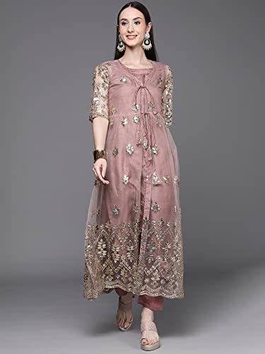Image of INDO ERA Women's Net Embroidered Kurta Bottom With Shrug (Ready To Wear KS9MU4800 Mauve Pink XS To 2XL-Size)