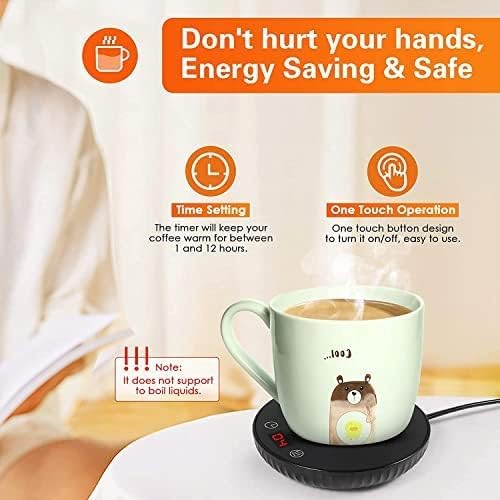 TUKIMA Coffee Mug Warmer with a warning not to boil liquids