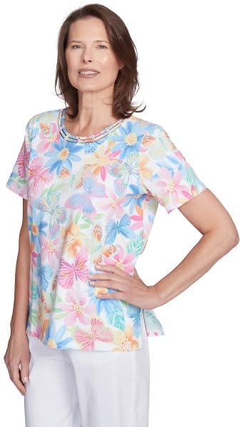 Alfred Dunner Key Item Butterfly Floral Cotton Top Short Sleeve - Image 2