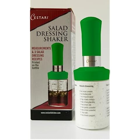 Cestari KItchen Glass Salad Dressing Shaker Bottle with Mixer Insert, 10 oz, Green – Leak-Proof Dispenser with Measurements and Recipes Cover