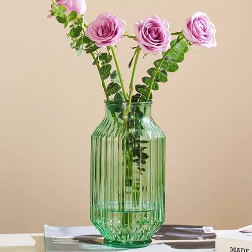 GIDARY Flower Vase,Glass Vase,9.2 inch,Vintage Clear Ribbed Glass Vase for