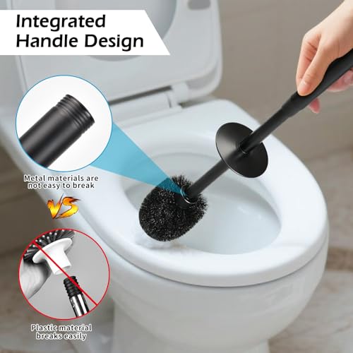 Image of Toilet Bowl Brush and Holder Long Handle Toilet Brush for Bathroom | Wall mount stainless steel toilet brush holder with a splash guard Easy to Clean for Domestic Deep Cleaning Under Rims,Black