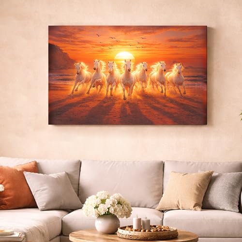 Image of Rousrie Big Size 7 Horses Vastu Frame Wall Art Painting, White Running Horses on Water, Rising Sun Wall Decor, Multicolor (50 cm x 75 cm)