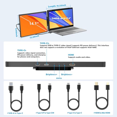 Image of 14.1-inch 1200P Portable Dual Laptop Monitor Extender (with USB Docking Station) 1920x1200 FHD IPS Foldable Plug and Play Travel Home Office Second Screen Compatible with HDMI,USB-A and USB-C