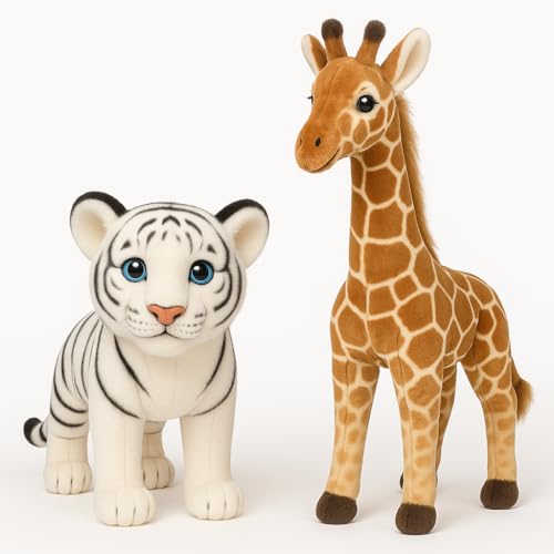 Image of White Tiger & Giraffe Plush Toys Combo | Soft Stuffed Animal Set for Kids | Cute Jungle Animal Plushies for Boys & Girls | Gifting & Home Decor