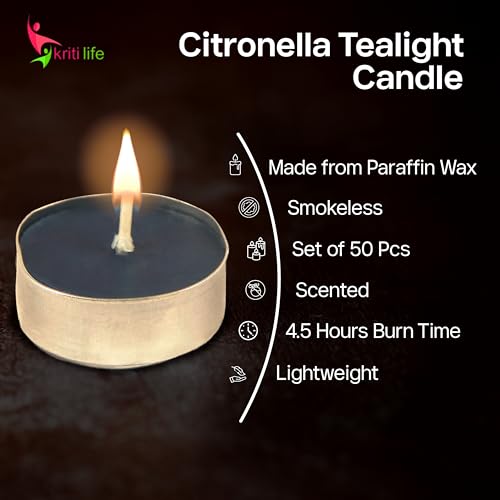 Image of Kriti Life Citronella Scented Tealight Candles - 100% Paraffin Wax, Smokeless, Long Burn Time (4.5 Hours), Dripless Blue Candles for Home Decor, Diwali, Weddings & Meditation - Set of 50