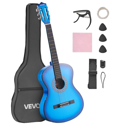 VEVOR Guitare Classique Débutants, 96 cm, avec Cordes Nylon, Housse de Transport, Sangle, Accordeur, Cordes Supplémentaires, Médiators, Capodastre, en Tilleul, pour Adolescent, Adulte, Étudiant, Bleu