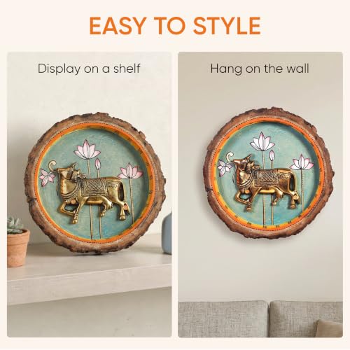 Image of AAKRITI ART CREATIONS Nandi Wall Art, Handcrafted Wooden Decor with Sacred Bull and Lotus Motif, Dhokra Art Set of 1, Multi Color Wall Panel | Matte Finish Mango Wood| Living Room, Bedroom, Office