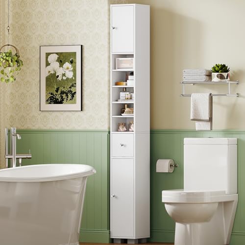 TEENFON Bathroom Cabinet, Narrow Bathroom Storage Cabinet with 5 Adjustable Shelves & Drawer, Freestanding Cupboard for Small Spaces, White
