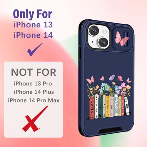 Image of Funermei (2in1 for iPhone 13 Case /for iPhone 14 Case for Women Cute Girls Girly Phone Cover Aesthetic Fashion Books Design with Slide Camera Cover Funda for Apple for iPhone 13 /14 Case