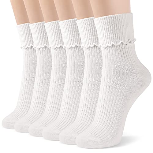 BOOPH 6 Pairs Girls Ruffle Socks Baby Toddlers Turn Cuff Slouch Crew Socks for Kids