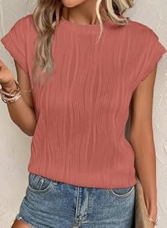 EVALESS Womens 2026 Round Neck Short Sleeve T Shirts Fashion Trendy Spring Summer Loose Fitted Plain Knit Textured Tops Casual Tee Blouses Clothes Rose Pink Medium
