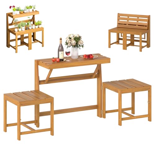 GOPLUS 3 en 1 Salon de Jardin Extérieur 2 Personnes Pliant en Bois d'Acacia, Banc à 2 Places Convertible,Table et 2 Chaises, FSC Certifié,Assise à Lattes,...