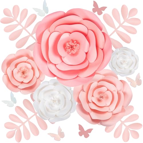 Image of Rainbows & Lilies 15pc Large Paper Flowers Decorations for Wall - Reusable 3D Wall Decor for Girls Room, Nursery & Kids Bedroom - Pink & White Artificial Roses for Baby Shower, Wedding, Party Backdrop