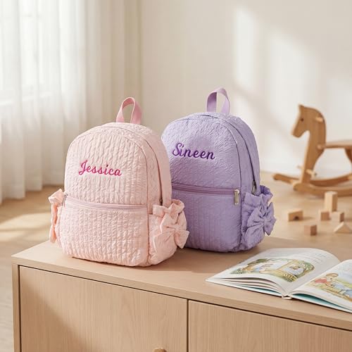 Image of 15inch Daycare Backpack Personalized Large Backpack with Name | Cute Purple Backpack for Age 4-6,Lightweight Quilted Fabric,Water Bottle Pockets with Bow,Custom Baby Gift,Embroidered Name