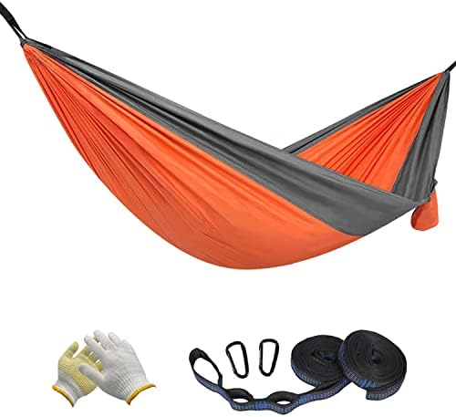 BADIQI Camping Hammock, Double and Single Portable Nylon Parachute Hammock, Suitable for Hiking, Beach, Mountain Climbing, Backyard and Garden (Orange+Gray) …