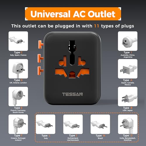 Image of TESSAN Universal Travel Adapter, International Power Adapter | 4 USB Ports (2 USB C), US to Europe UK France Germany Spain Ireland Australia Japan, Type C G A I
