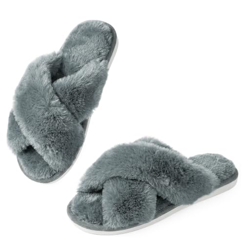 Image of Ankis Women's Fuzzy Slippers Cross Band Memory Foam Open Toe Comfy Soft House Shoes Anti-Slip Indoor Outdoor Gifts for Women