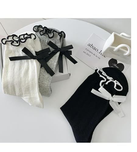 Image of Womens Bow Socks Ruffle Casual Crew Black Whitte Soft Breathable Cotton 4 Pairs Socks