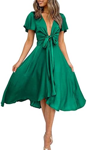 miduo Womens Dresses Satin Summer Casual Wrap Tie Front V Neck Short Sleeve High Waist Skater Swing Cocktail Party Midi Dresses for Wedding Guest Green M