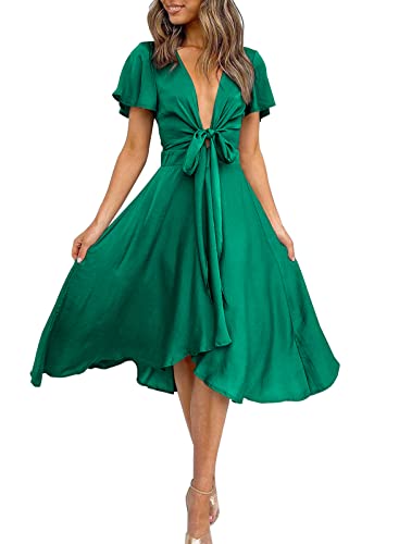 Image of miduo Womens Satin V Neck Ruffle Short Sleeve Tie Front High Waist Midi A-Line Maxi Dresses